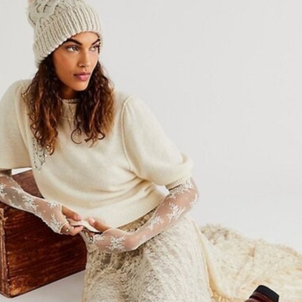 Free People Ivory Cream Cashmere Puff Short Sleeve Sweater NWT